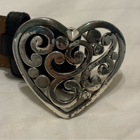 Vintage Brighton Croc Leather Black Heart Belt Size 38 Silver Heart Buckle - Picture 7 of 8